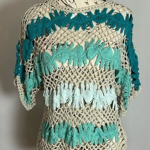 Christopher & Banks Teal and Cream Crochet Top Medium